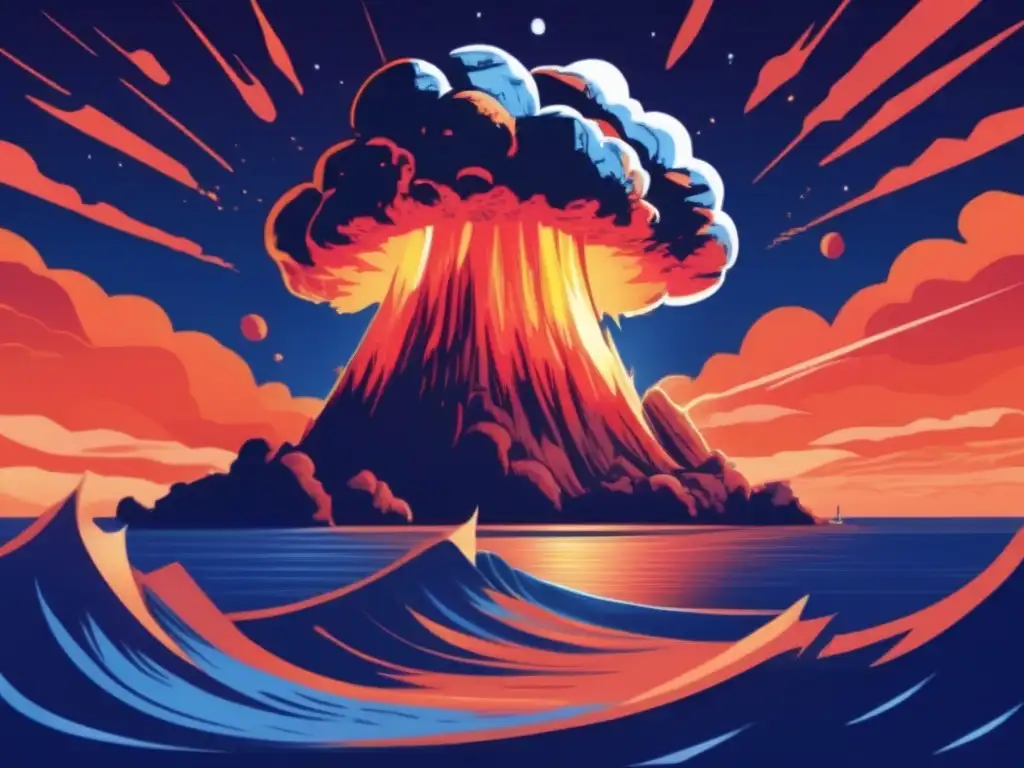 Massive asteroid descends through the ocean's blue depths, emitting an orange glow as it burns through the water