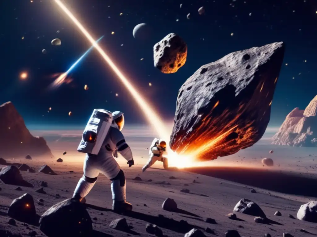A masterpiece of cosmic warfare: two asteroids clash, one deflected by a spacecraft's powerful impactor, in a stunning and photorealistic image