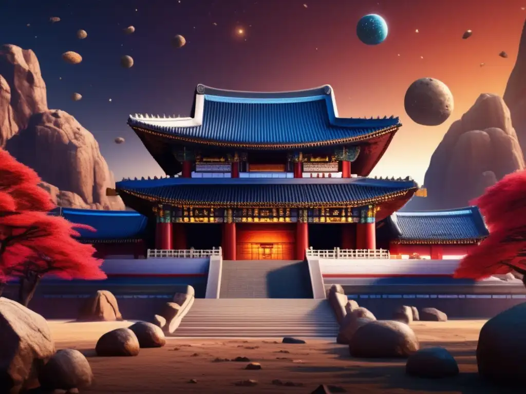 An ancient Korean temple, surrounded by an asteroid field, emphasizes its intricate architecture and vivid colors