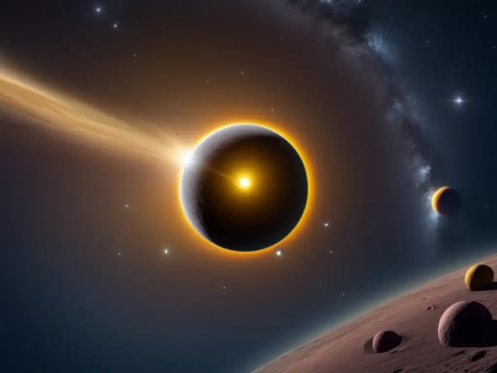 The vast and mysterious Kuiper Belt, with its irregular and jagged objects, comes to life in this highly detailed and photorealistic image