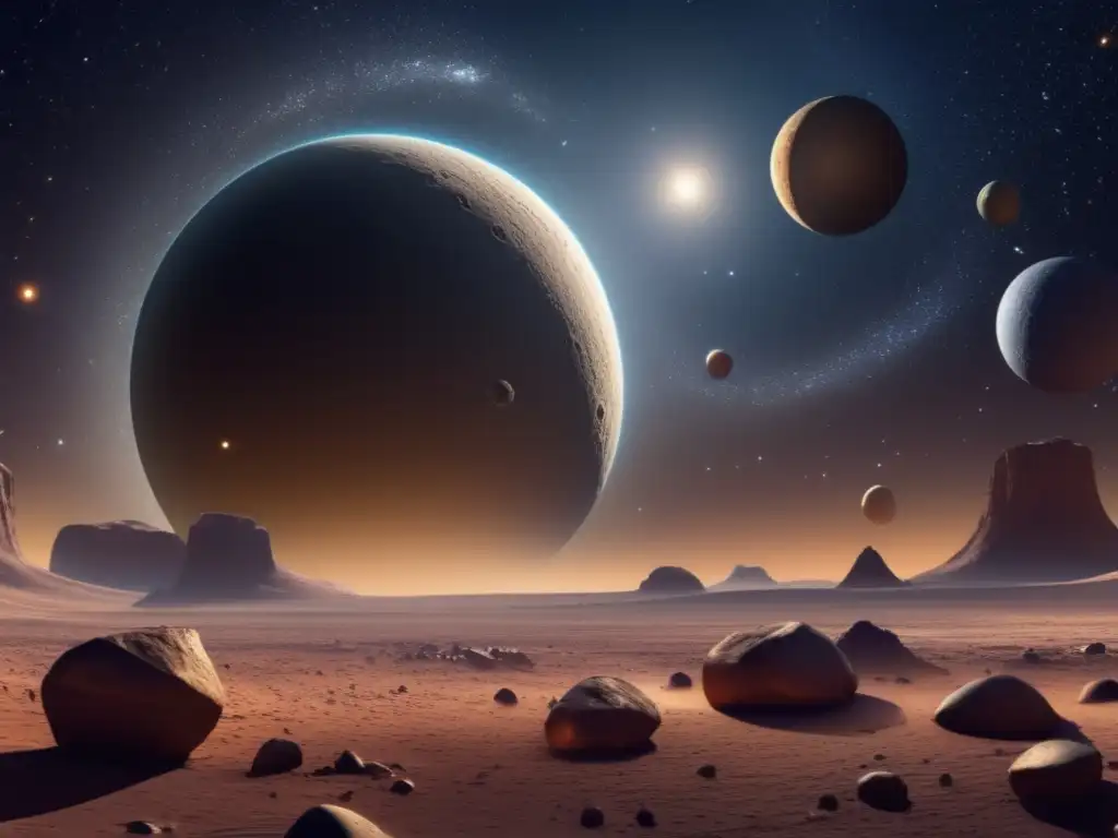 A breathtaking panoramic view of the jagged and dusty objects in the Kuiper Belt captured with photorealistic style