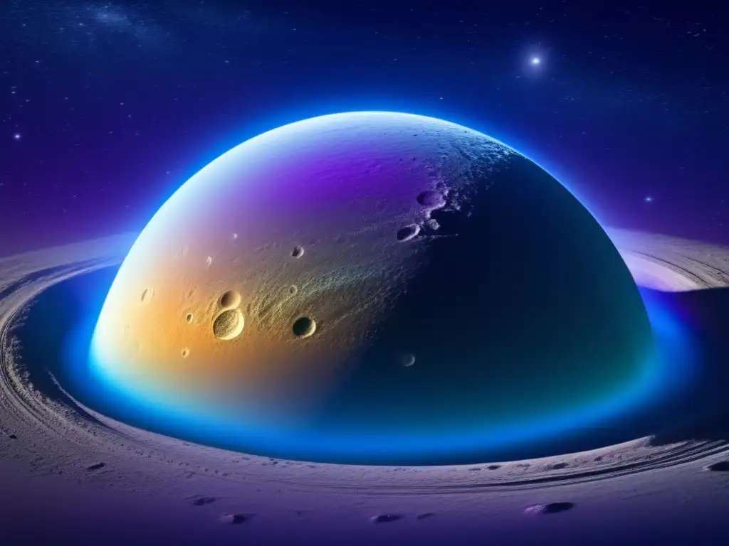 A mesmerizing plutoid glows with intricate details amidst swirling gases and particles, casting shadows on its jagged edge