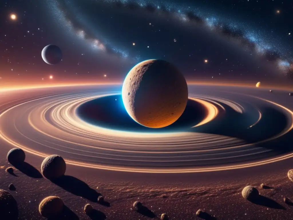 A breathtaking view of Quaoar, a dwarf planet orbiting the edge of the Kuiper Belt, with its tiny moonlets scattered in the background