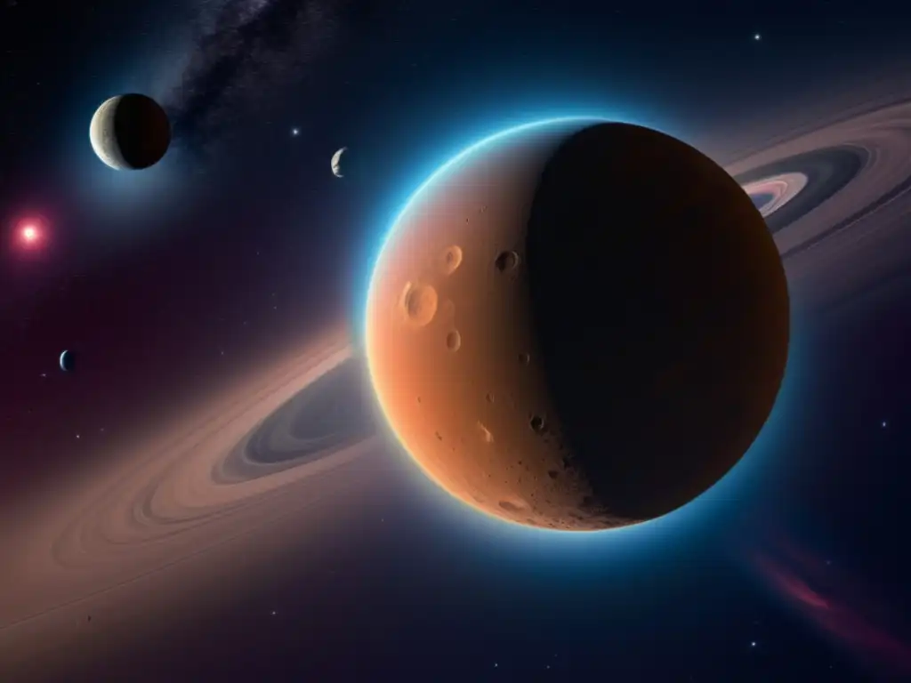A stunning close-up of a TransNeptunian Object (TNO) can be seen drifting through a dark, expansive space, with a bright nebula in the background