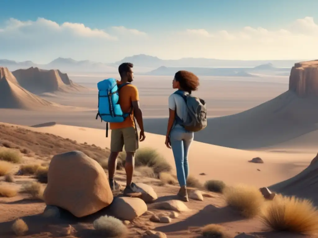 Sunset on Rocky Knoll: Photorealistic Image Description for 8k Ultradetailed Generation A breathtaking 8k image of a couple exploring the rugged wilderness, with a backpack, camera, and water bottle in tow