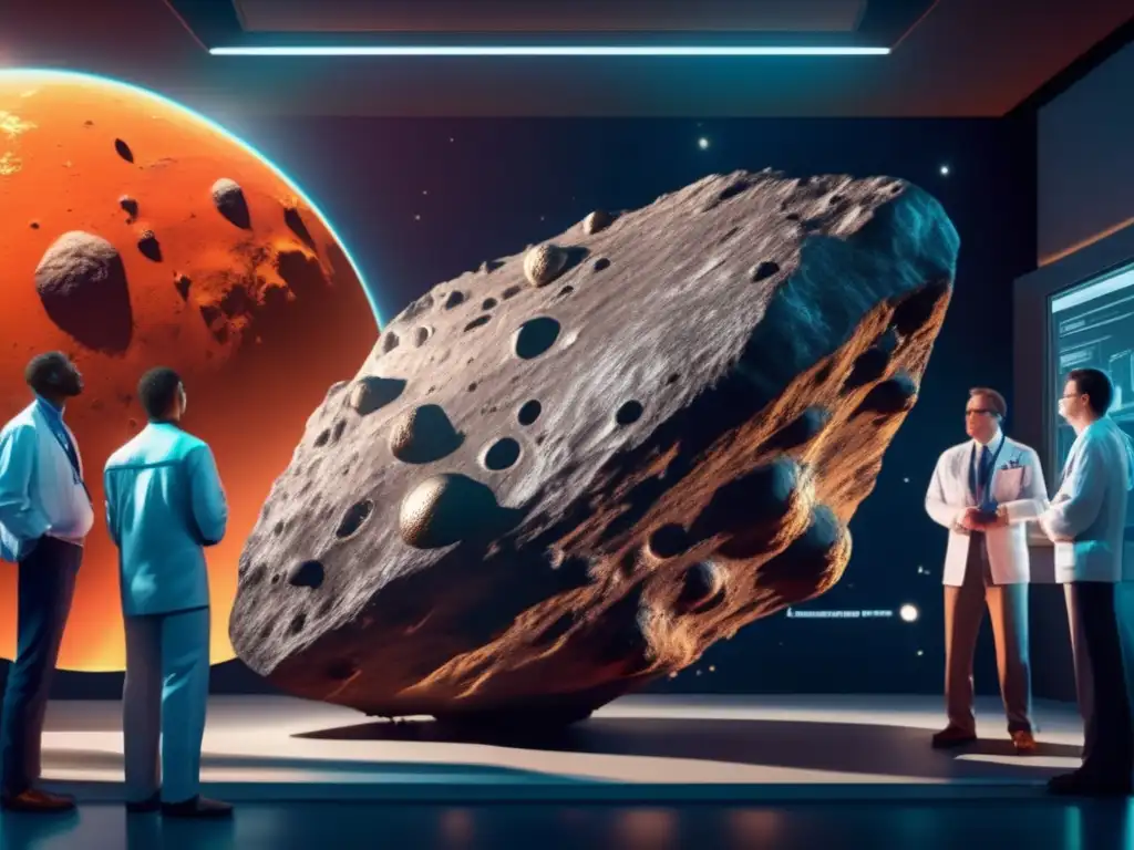 A dark asteroid looms in the distance, appearing almost menacing, as a group of scientists gather around a space rocket in a dimly lit laboratory