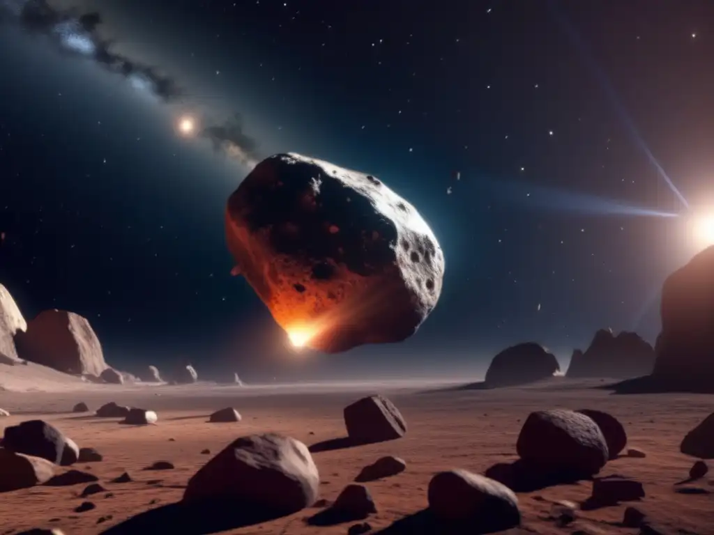 A photorealistic portrayal of Angelina, a massive asteroid floating in the cosmos, surrounded by debris