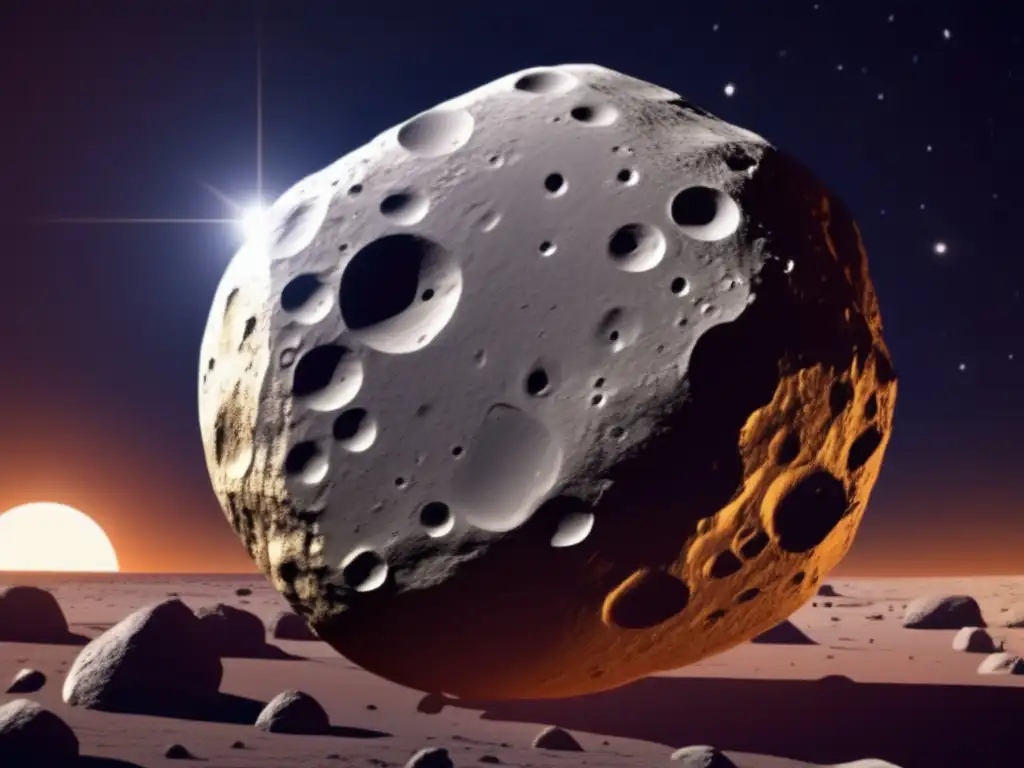 ALT- Asteroid's size and complexity on full display, floating in space with a rugged surface and deep craters