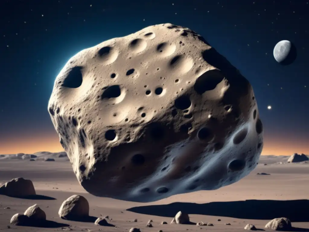 Asteroid Illumination: A Photorealistic View of Space's Mysteries The moon bathes a celestial wonder in a mystifying glow, casting elusive illusions on the IPA arid terrain
