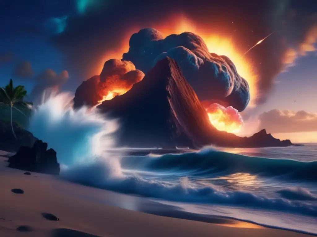 A large asteroid collides with the Pacific Ocean, the crescent moon casting a soft glow over the chaotic scene