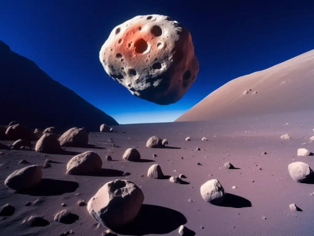 A breathtaking photograph captures the colossal asteroid dominated by a 50meter tall asteroid against a deep blue sky