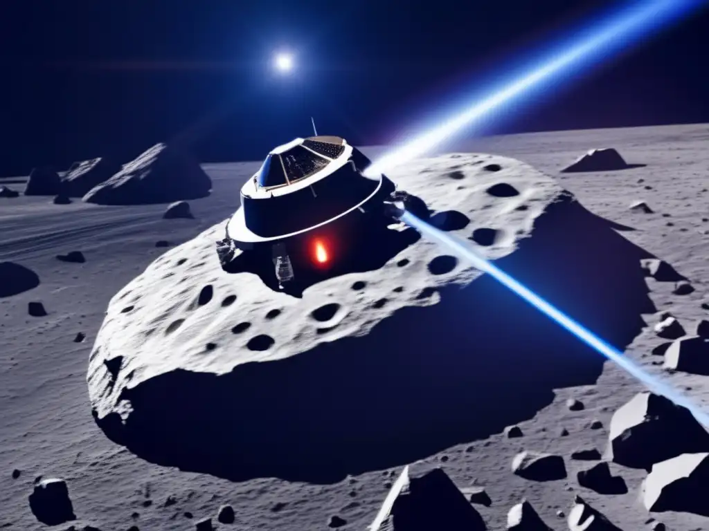 A captivating image of a sleek spacecraft orbits around a menacing rocky asteroid traveling towards Earth