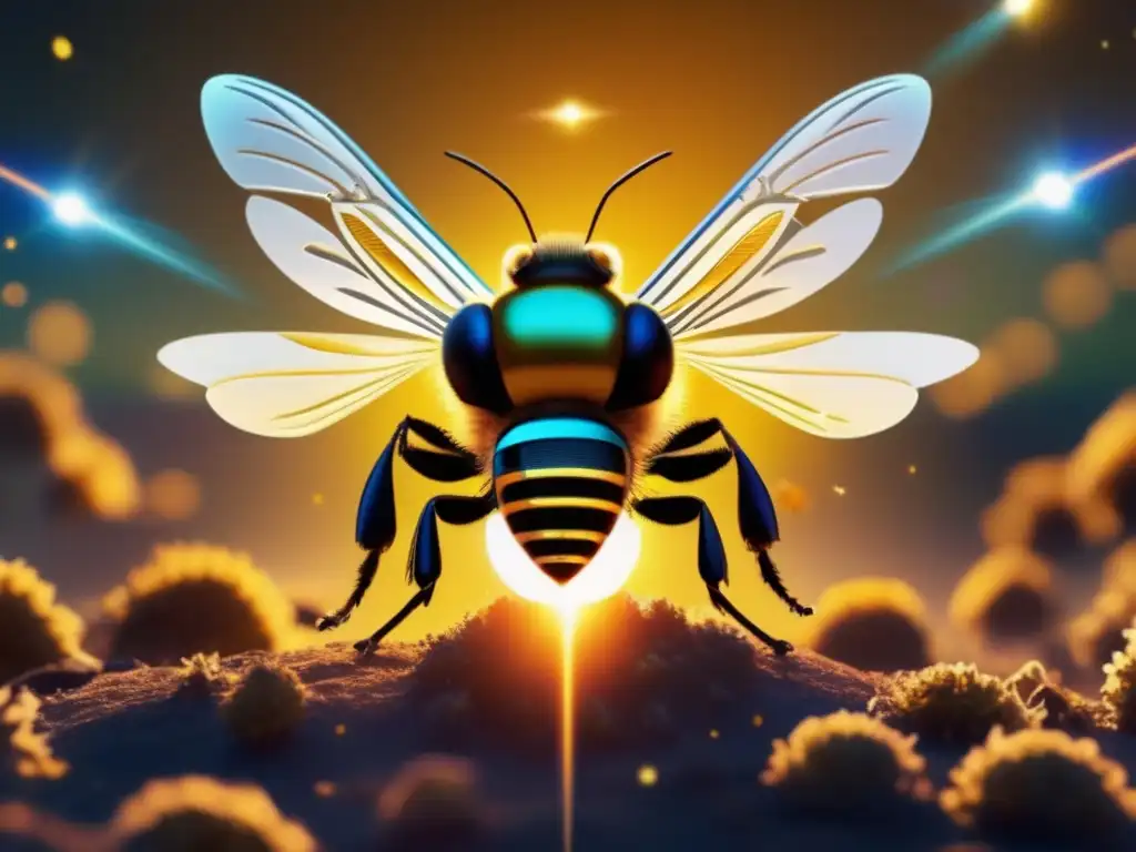 A stunning 8k photorealistic image of laser bees in flight around the Earth, with the sun in the background and an asteroid added for emphasis
