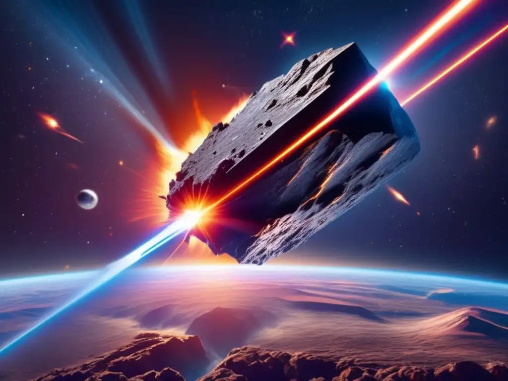 A highly detailed, photorealistic, and 8k ultradetailed image of a powerful laser beam illuminating a meteorite streaking fiercely towards Earth
