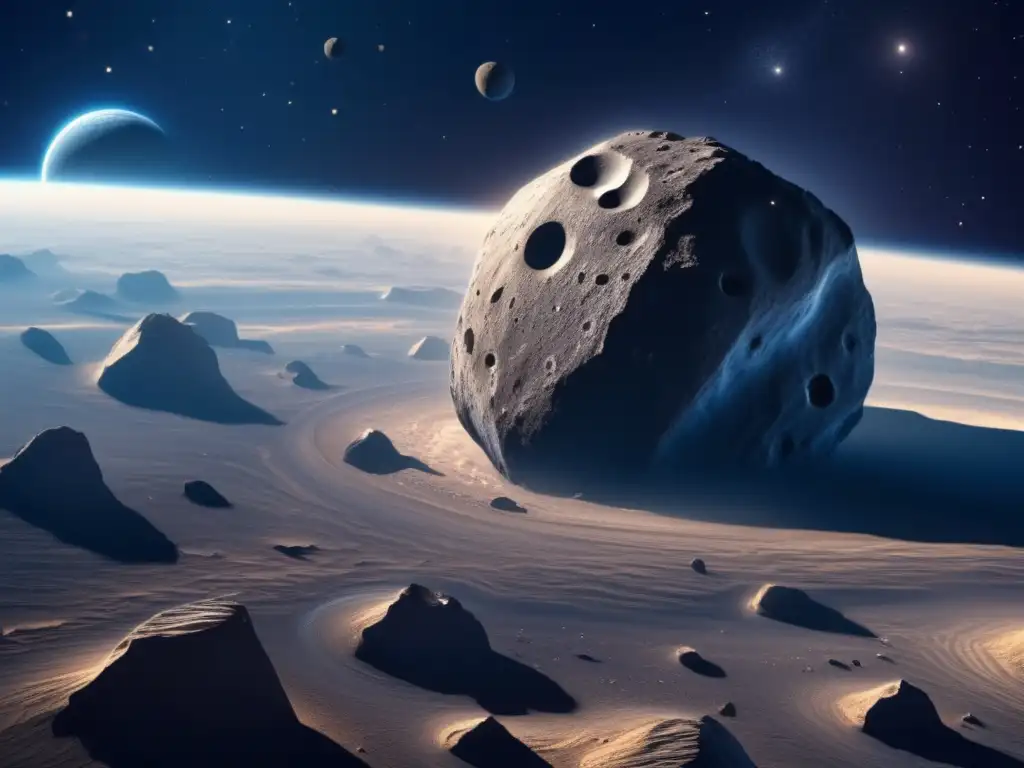 A mesmerizing photorealistic illustration of the Leucus asteroid, boasting intricate textures, rough edges, and visible craters