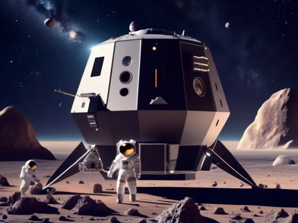 Asteroid exploration mission underway with a spacecraft docked at the surface, surrounded by a vast expanse of stars and galaxies