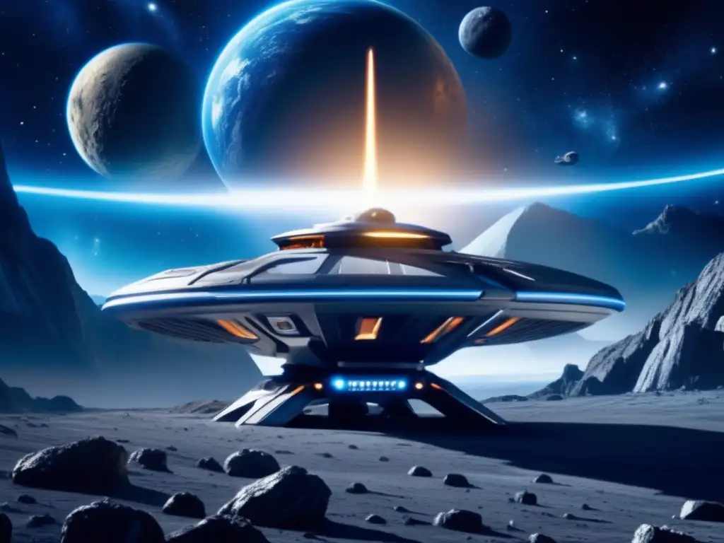 Detailed photorealistic depiction of the spaceship from 'Lost In Space' hovering over a large asteroid in a tension-filled composition