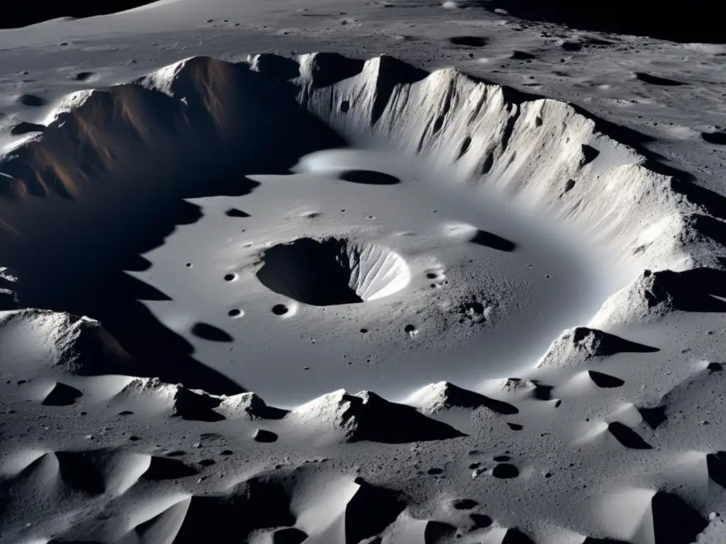 Lunar Impact Crater: 50 Meters, Jagged and Blue | Lunar Photography A stunning image of a newly formed lunar crater with a 50-meter diameter, its jagged edges standing out against the undulating terrain