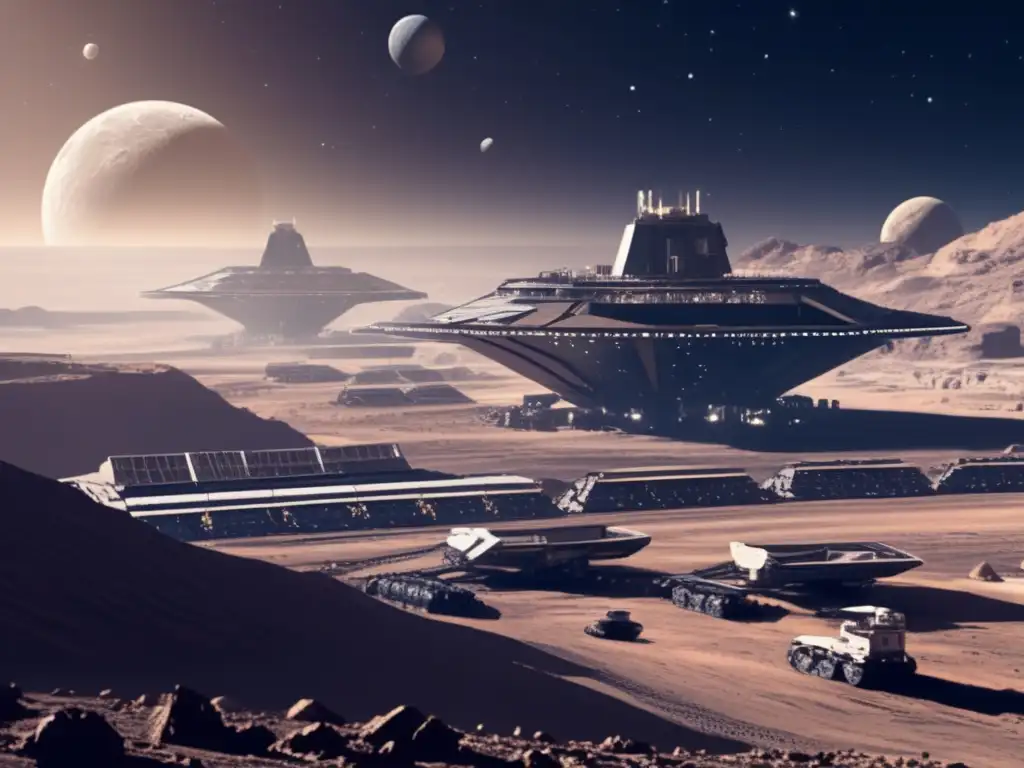 Lunar mining colony: An awe-inspiring image of a sprawling metropolis in space, suspended above an open pit mine | Moon, mining, colony, structures