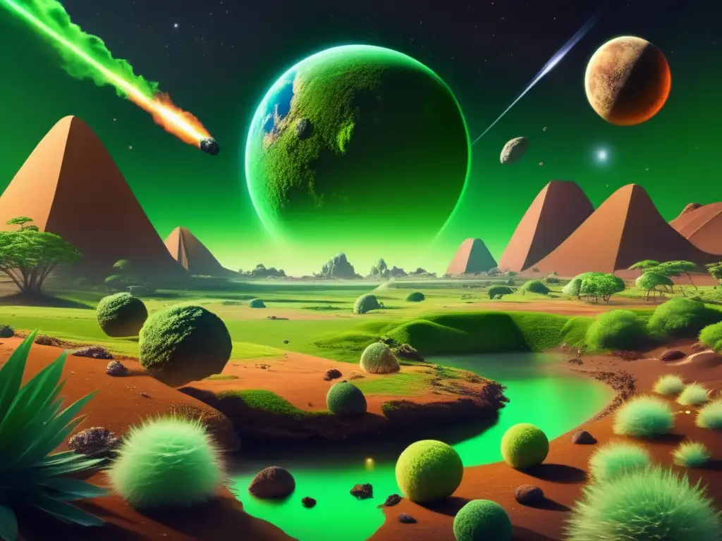 A harmonious yet preemptive disruption: With Earth's diverse ecosystems, a warmly lit asteroid descends softly, altering the balance