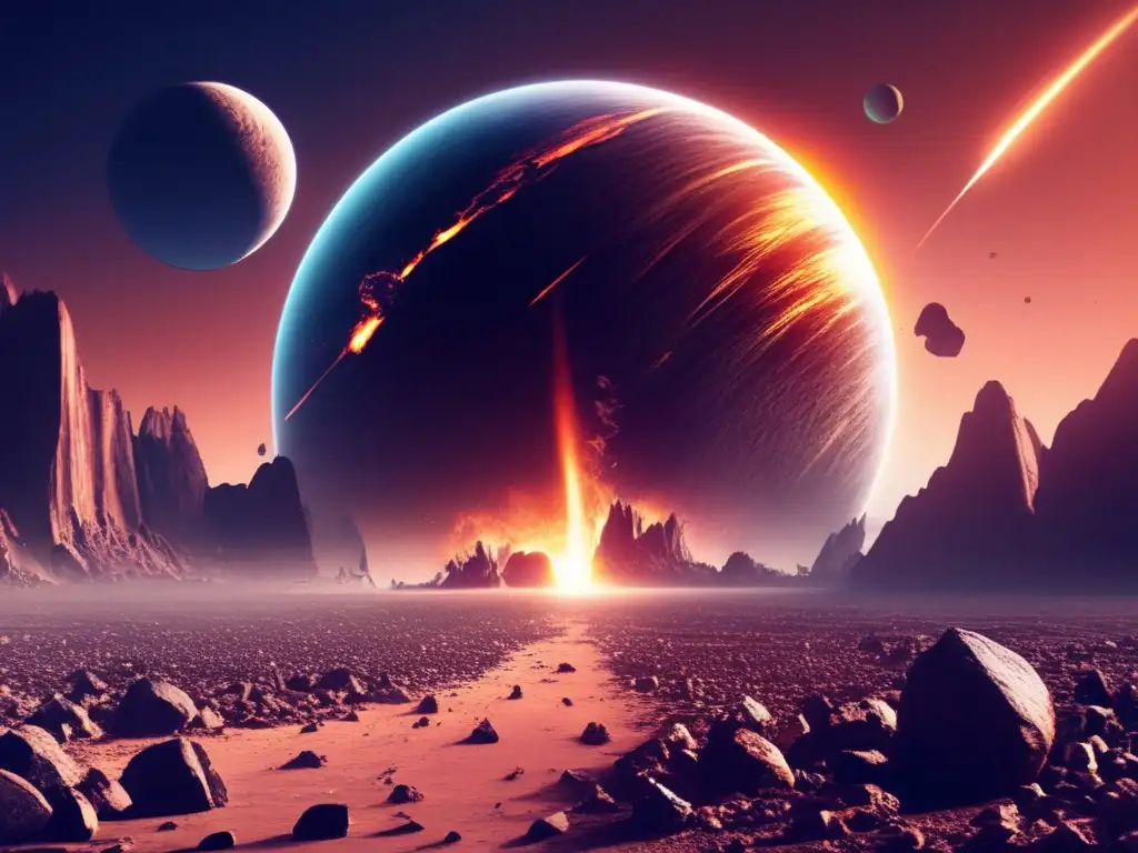 Devastation reigns as a lush planet is hit by a meteor, shattering trees and destroying wildlife in a photorealistic style