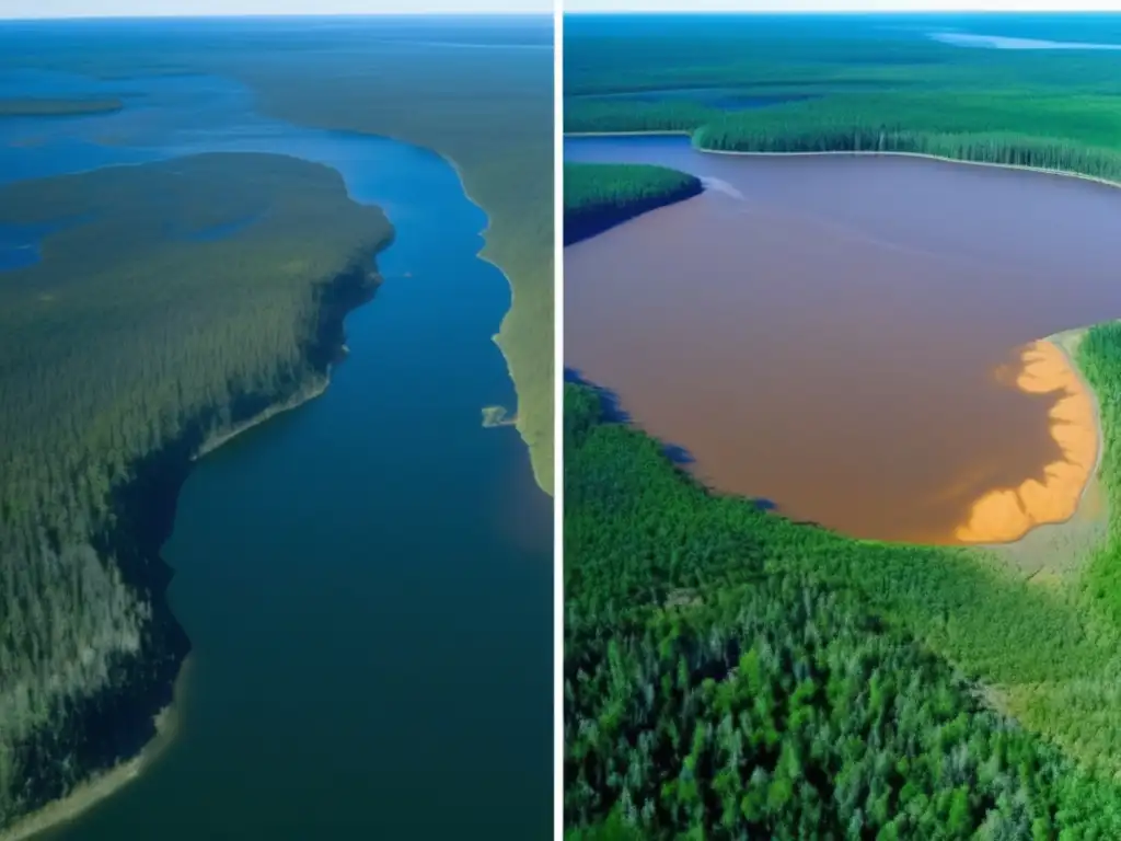 This aerial view captures the stark contrast between the pristine Manicouagan Reservoir prior to the devastating asteroid impact and its current state, with the landscape now riddled with craters, scarring, and ejecta deposits