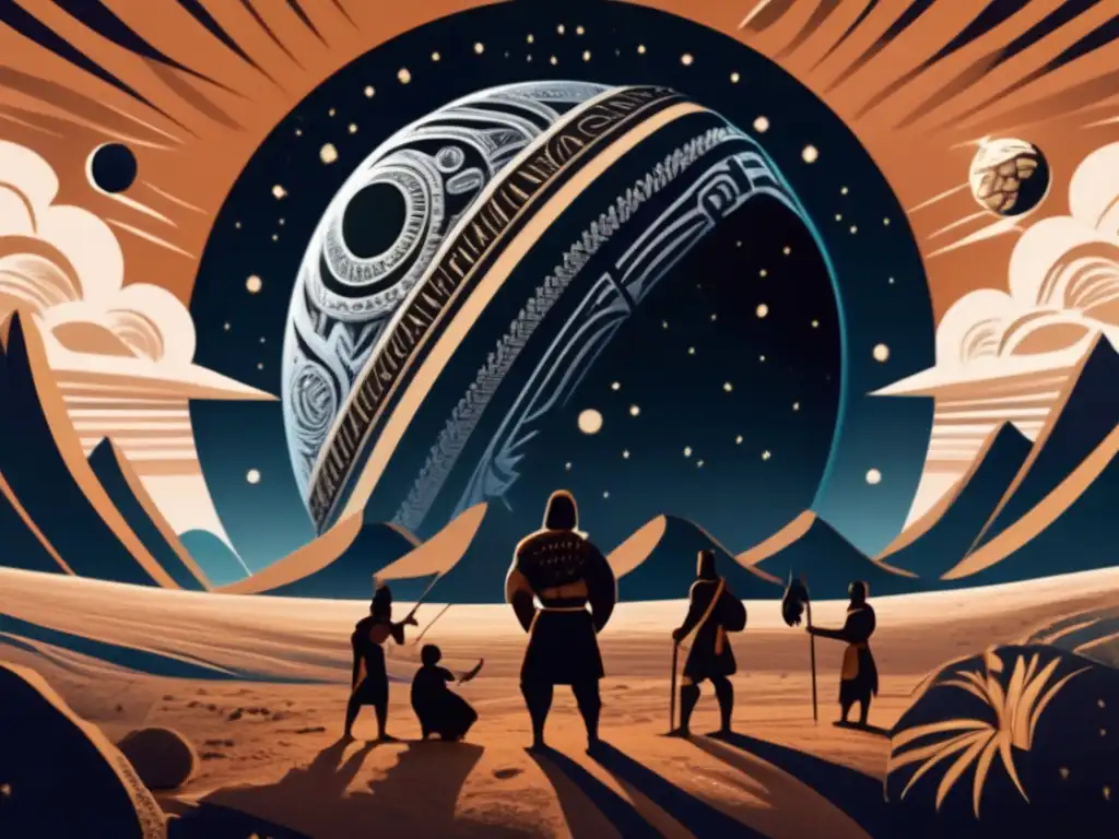A celestial wonder, the massive asteroid stands tall with intricate Maori carvings etched on its surface