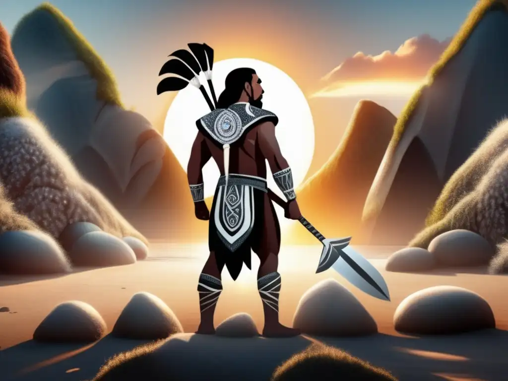 A warrior stands proudly, adorned in tribal paint and clutching bone carving tools