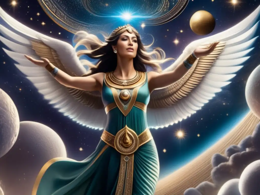--Marduk's Cosmic Ascension: A Mother-Daughter Gaze into the Galaxies The Babylonian god Marduk, portrayed with awe-inspiring detail, soars through space in a panel enveloped by swirling galaxies