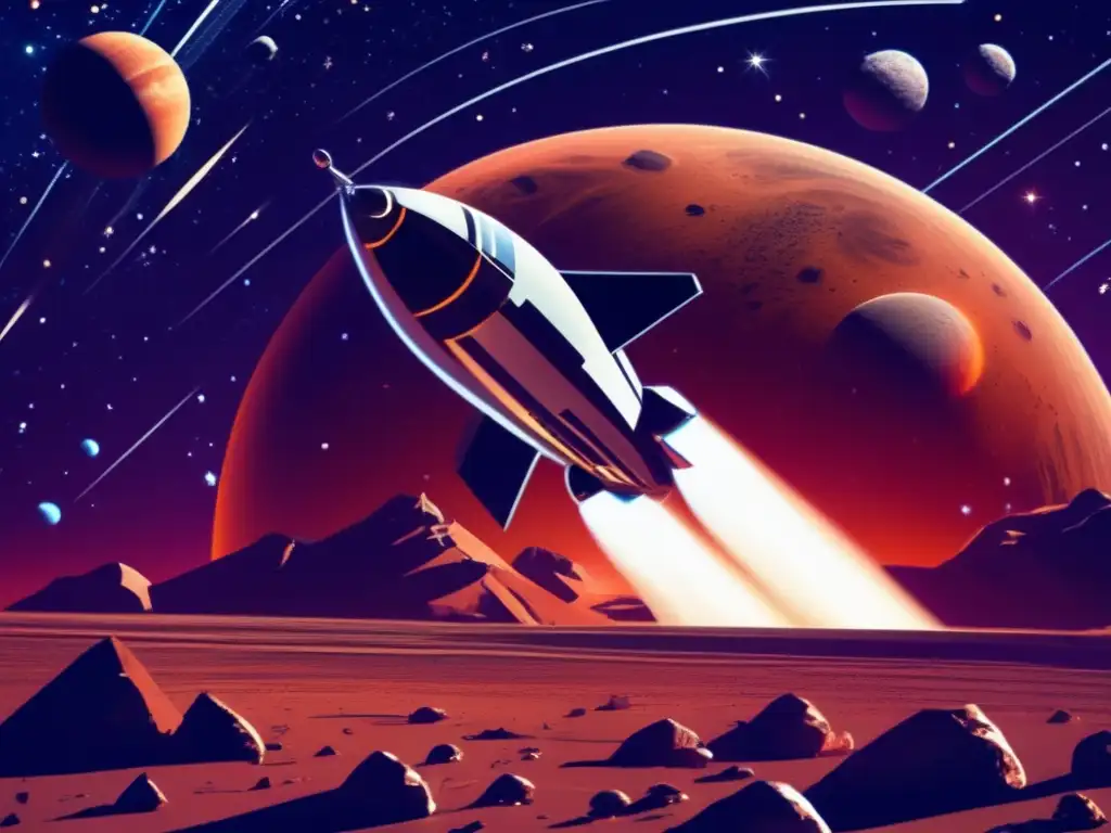 A futuristic spacecraft effortlessly soars towards Mars, surrounded by asteroids and meteoroids