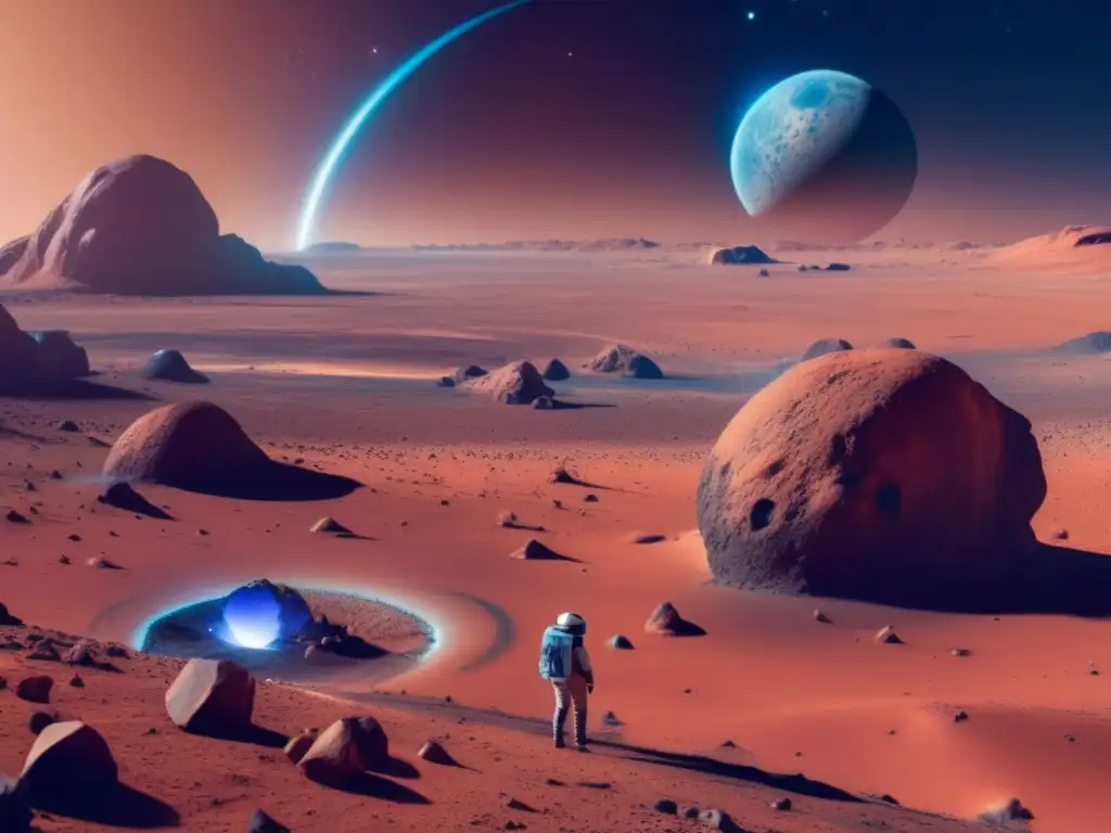 An breathtaking image of Mars landscape, a blue asteroid impacting, reflecting its crystalline surface, with a scientist analyzing the inclusions for analysis