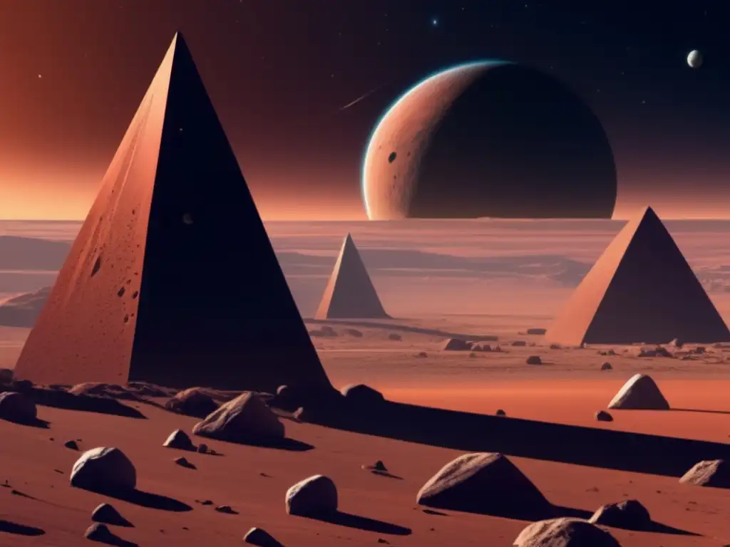 Photorealistic Asteroids Out of Sight of Dinosaur Embarkation A photorealistic image captures a Mars obelisk standing tall towards the distance, casting a shadow over an empty and desolate planet background