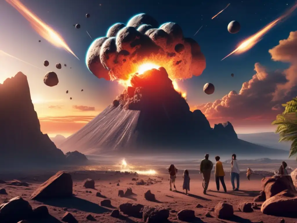 Obliteration Unleashed: Realistic Asteroid Impact Depicction A photorealistic depiction of a massive asteroid impact on Earth reveals intricate debris and craters, with people and animals impacted