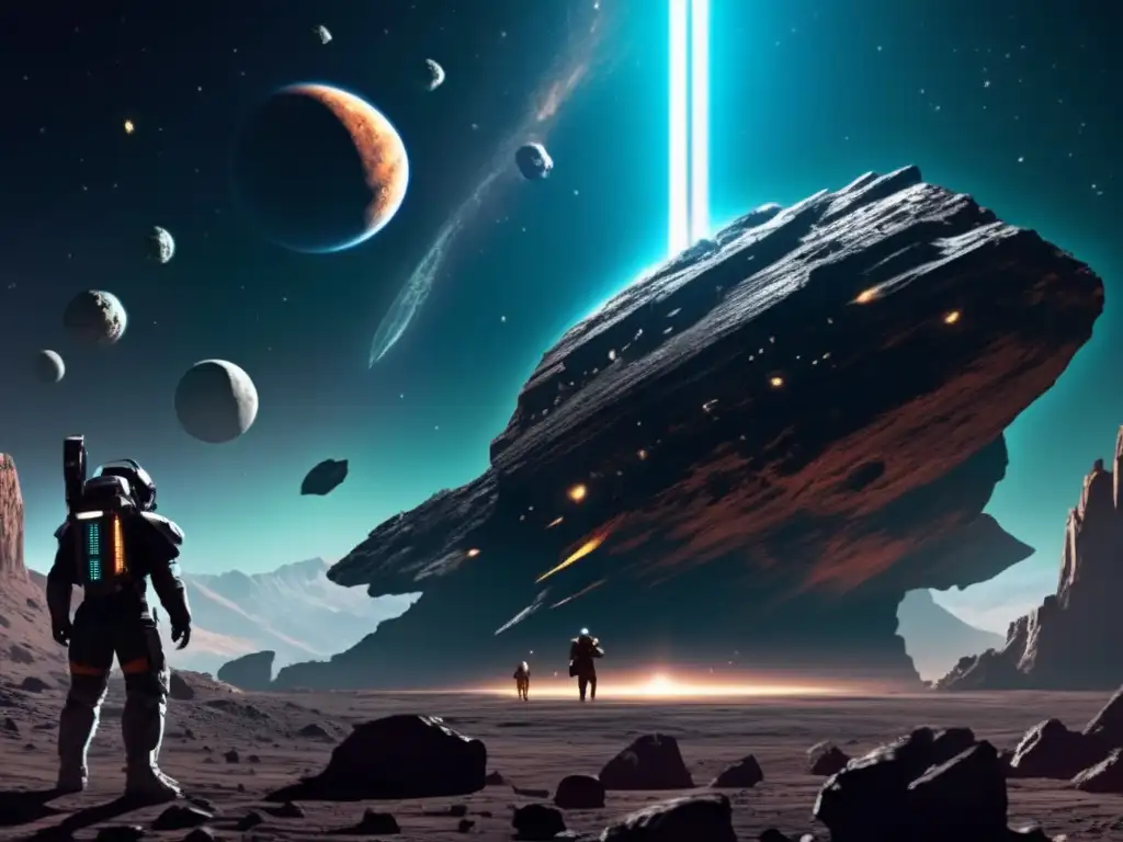 Dead Space crew investigates a massive asteroid, its intricate surface details being studied