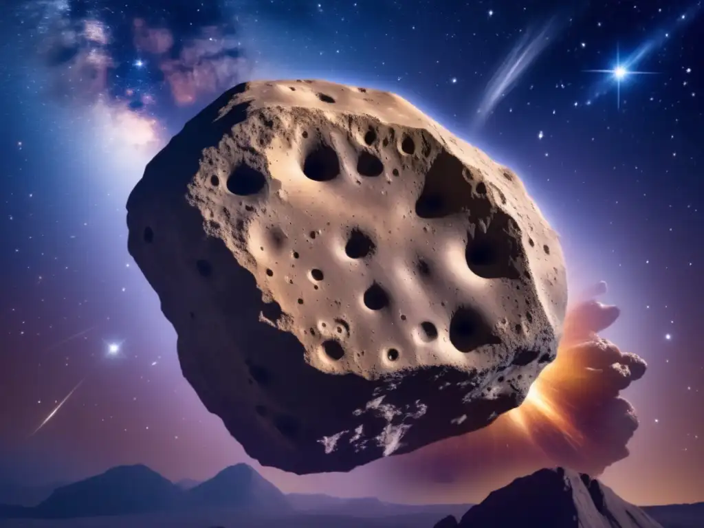 A towering asteroid in the nebulae, textured with grayishbrown rock and sharp edges