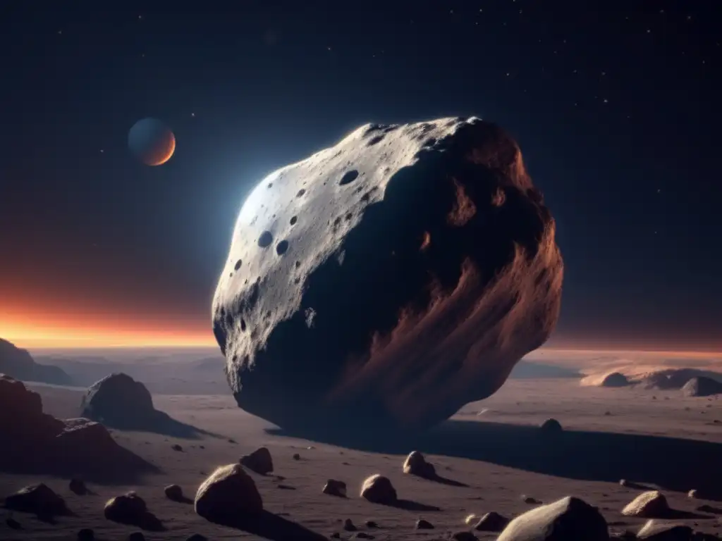 A monochromatic, photorealistic rendering of a massive, asteroid larger than the moon, hurtling toward Earth