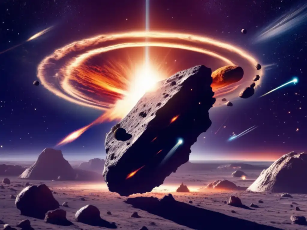 Massive asteroid streaking through space, emanating an intense radiation, causing havoc in its wake