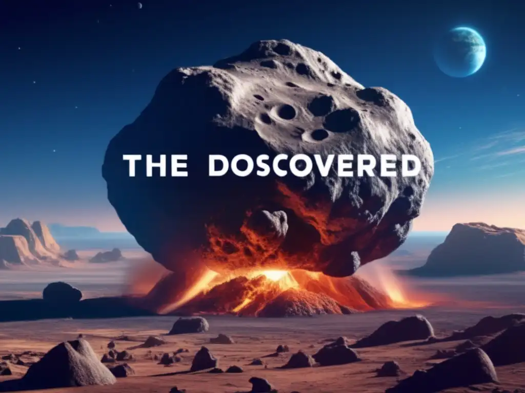 A colossal asteroid, intricately textured and detailed, glides through the vast blue expanse, while the Earth looms in the distance-'2010 TK7: The First Discovered Earth's Trojan Asteroid