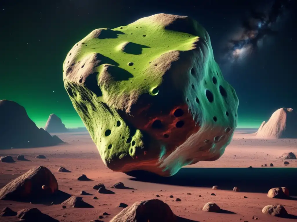 A stunning photorealistic depiction of a vibrant green and red meteorite, adorned with intricate details such as craters, ridges, and boulders