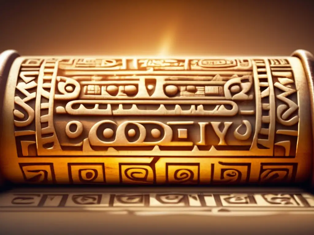 An intricate Mayan codex, illuminated by a gentle backlight, reveals intricate symbols and glyphs inscribed on a parchment scroll, conveying the complexity of their knowledge of the cosmos