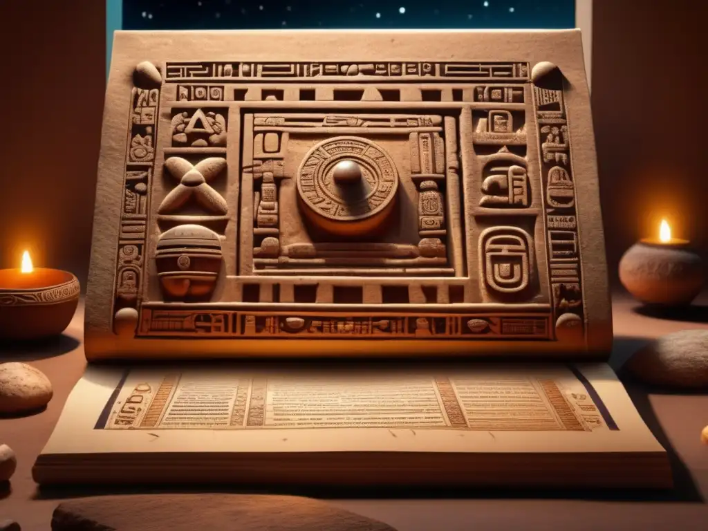 Mayan codice - Intricate hieroglyphs and celestial bodies depicted on dimly lit parchment