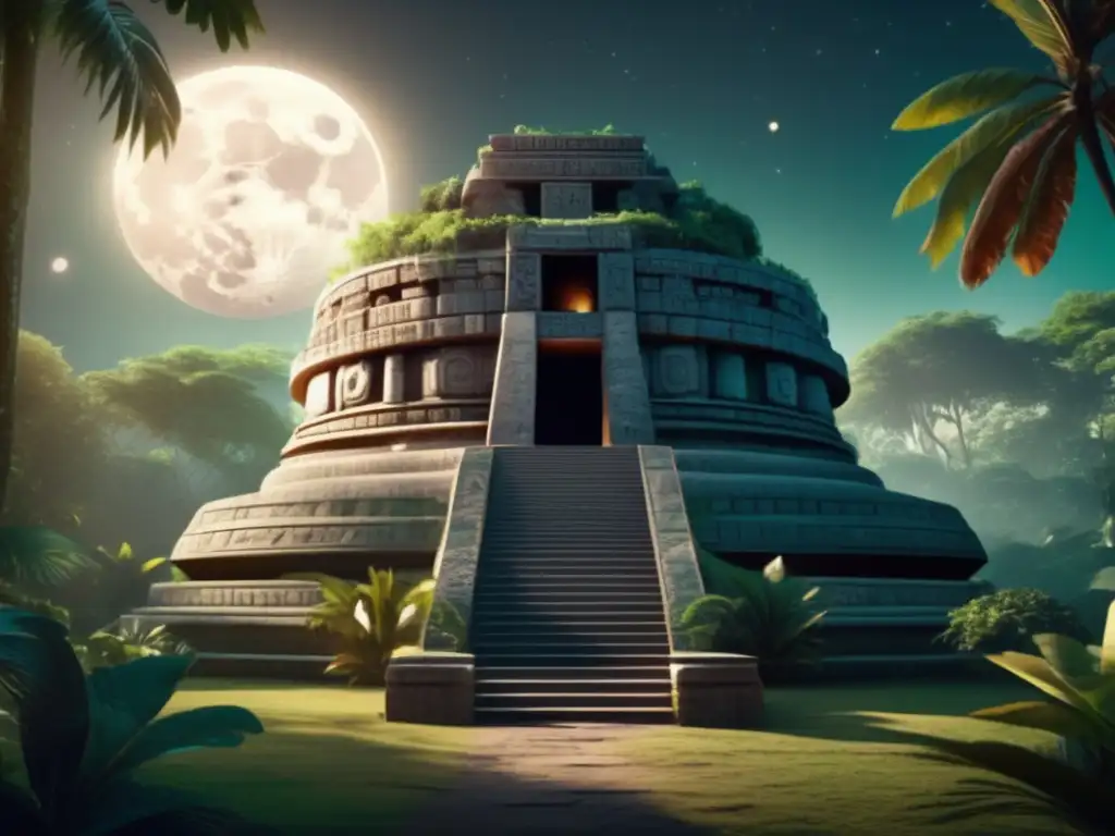 A celestial masterpiece of ancient Mayan architecture, carved into a colossal stone disk, reflecting moonlight amidst lush jungle greenery
