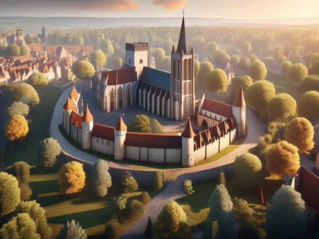 A stunning sunrise reveals a medieval town nestled in a dense forest, with towering buildings, winding streets, and elegant transport vehicles