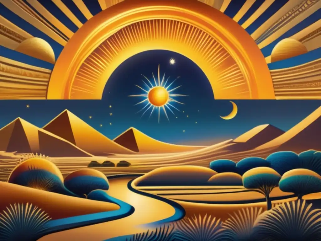 A breathtaking view of the Mesopotamian skyline, illuminated by the golden rays of the sun and the ethereal glow of the moon