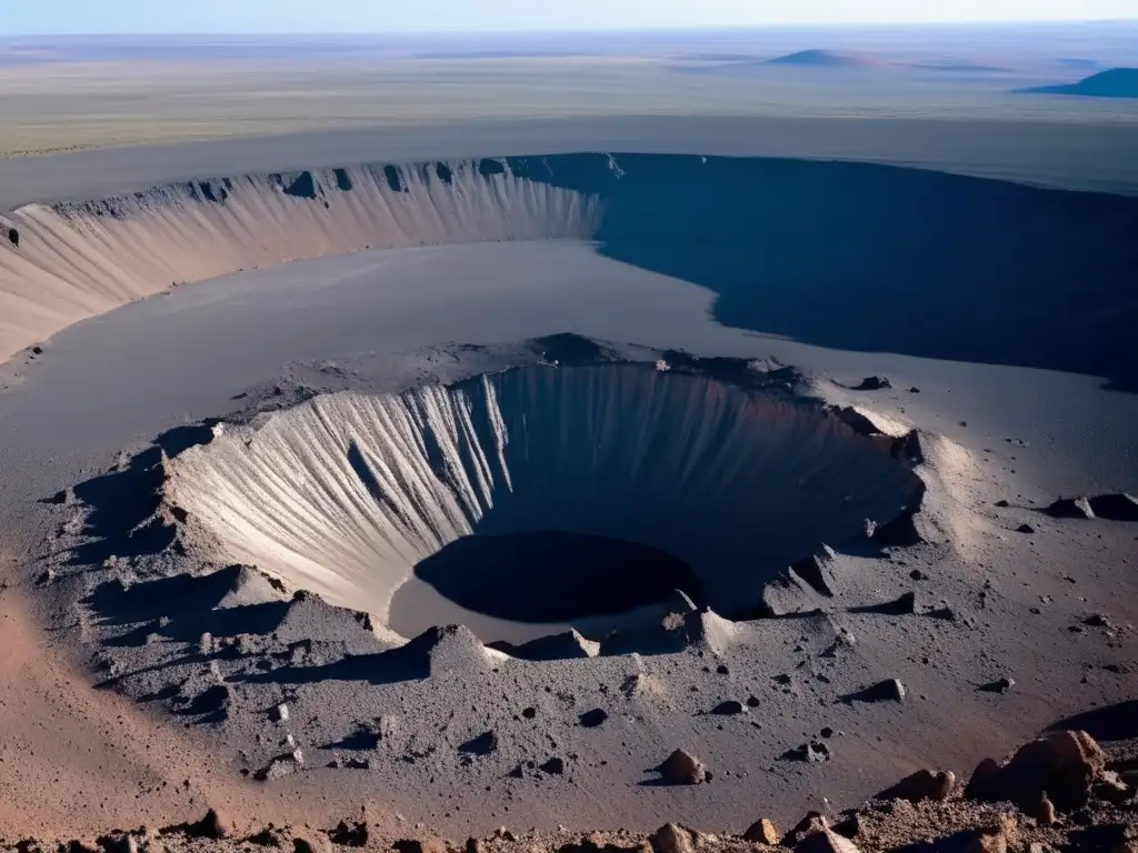 A close-up photograph of a crude metal crater with jagged edges rising up from the surface