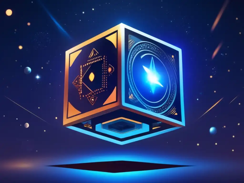 Discover the Enigmatic Glowing Cube: Isolated and Floating in Space An isolated metal cube floats in space, against a dark blue background