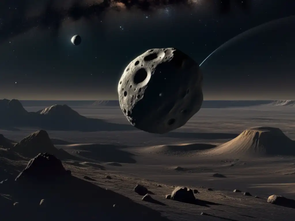 Amidst a black void, a magnificent asteroid floats, its metallic ring adorned with intricate designs