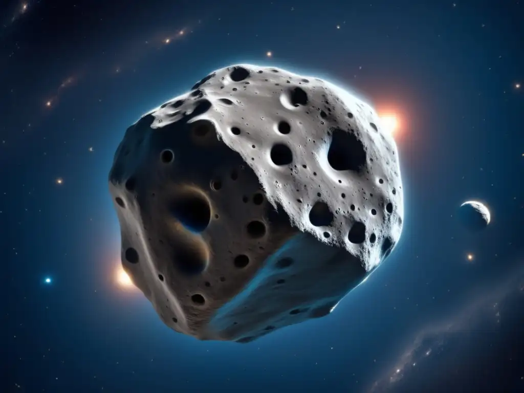 Asteroid Odyssey: A Photorealistic Cosmic Closeup A photorealistic closeup of a vast, mysterious asteroid in space with visible craters and faint nebulae in the background
