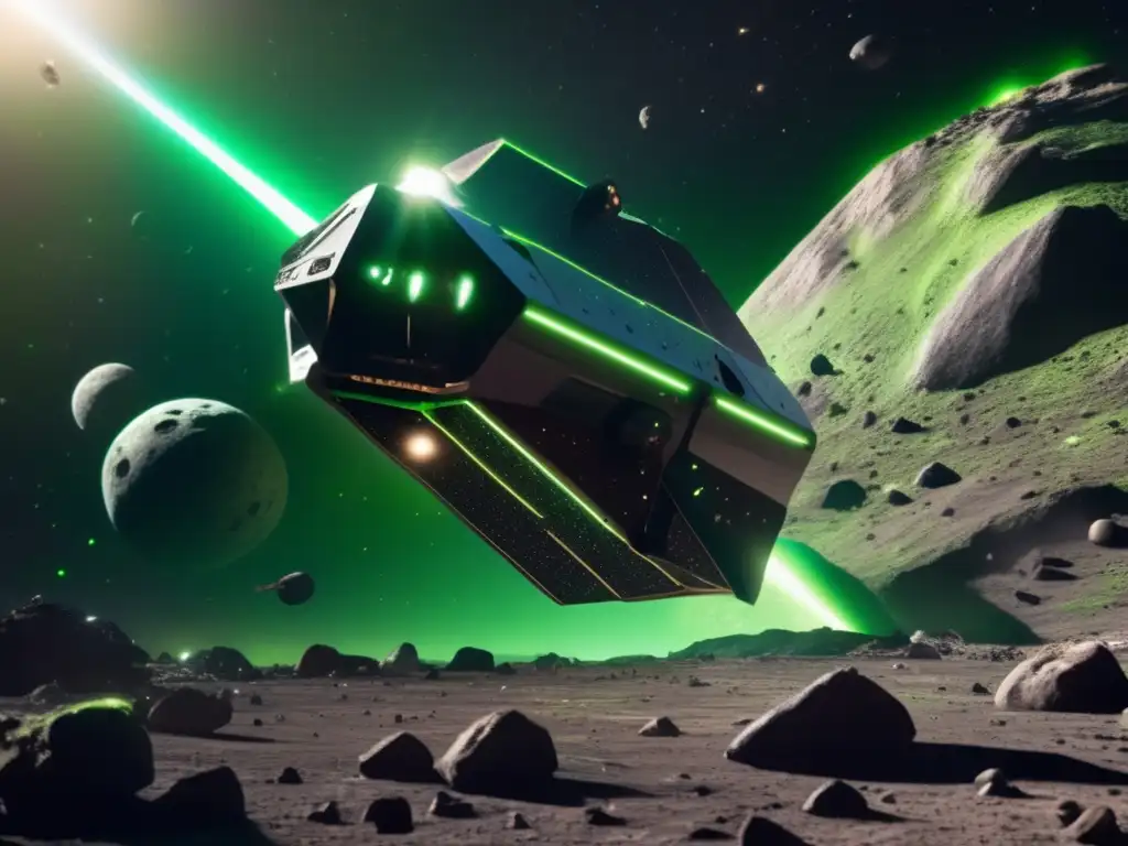 A stunning photorealistic image of a sleek metallic spacecraft gliding around a rocky asteroid in the silent dark territories of space