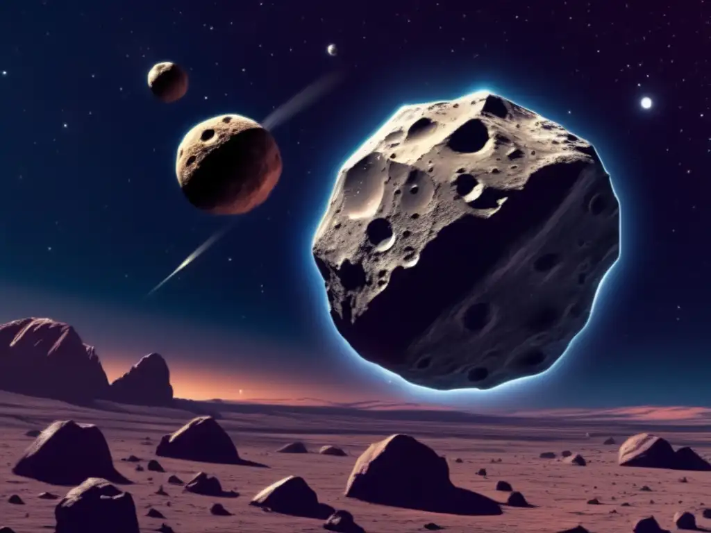 Asteroids collide in the vast emptiness of space, creating a grotesque spectacle as jagged rocks jut out from the metallic surface